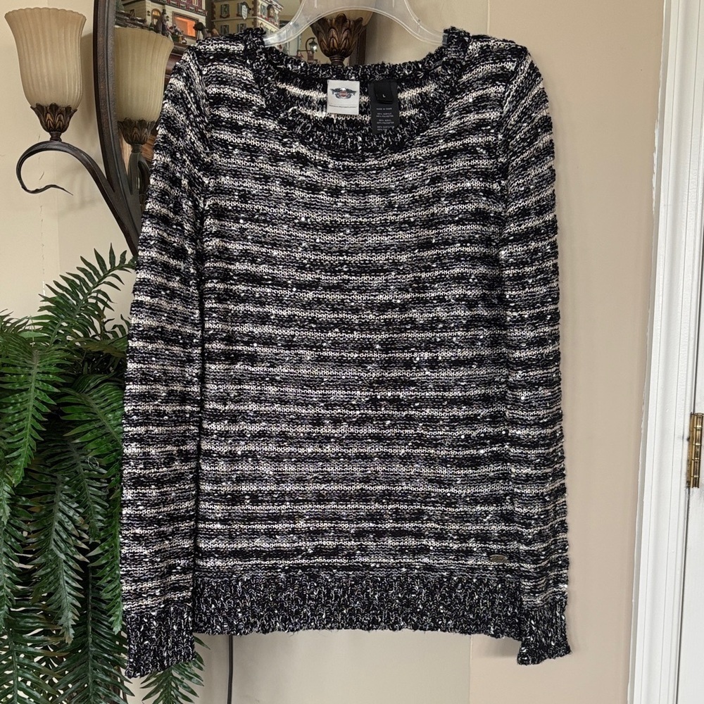 Harley-Davidson Motorcycles Black & Ivory Knit Striped Sweater Metallic Sequins
